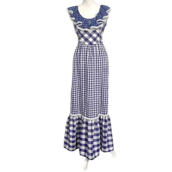 Vintage 70s Blue Gingham Maxi Dress White Checkered Prairie Dress Plaid Long - Picture 3 of 14